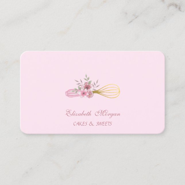 Tarjeta De Visita Acuarela Panadería Pastry Hand Tools Whisk Flowers (Anverso)