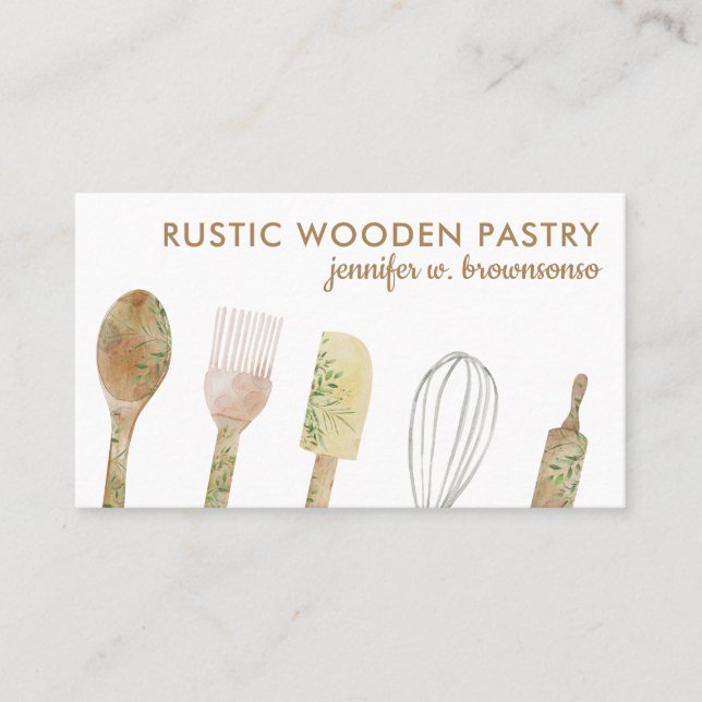 Tarjeta De Visita Acuarela Panadería Rústica Floral lindo chef (Anverso)