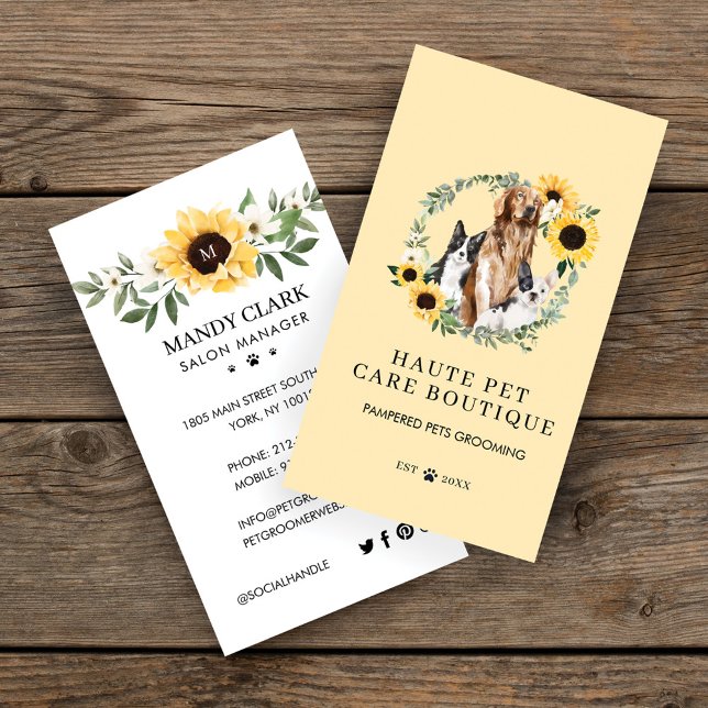 Tarjeta De Visita Acuarela Perros Sunflower Floral Wreath Pet Care (Subido por el creador)