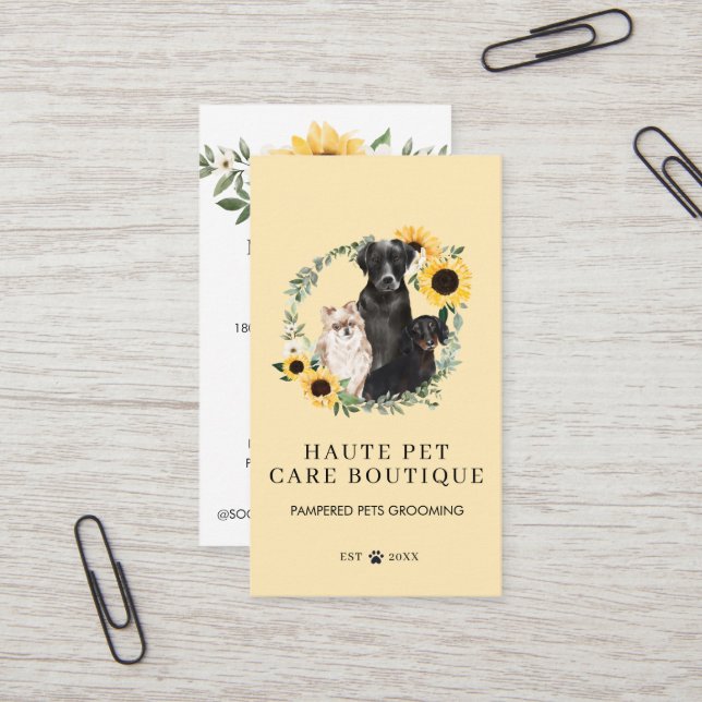 Tarjeta De Visita Acuarela Perros Sunflower Floral Wreath Pet Care (Anverso/Reverso In Situ)