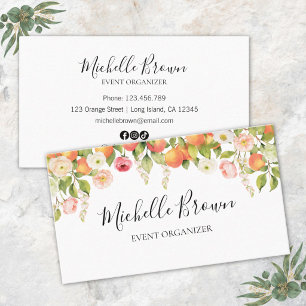Tarjeta De Visita Acuarela Personalizada Naranja Floral Elegante