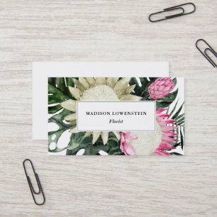 Tarjeta De Visita Acuarela Protea tropical Monstera Verdor  