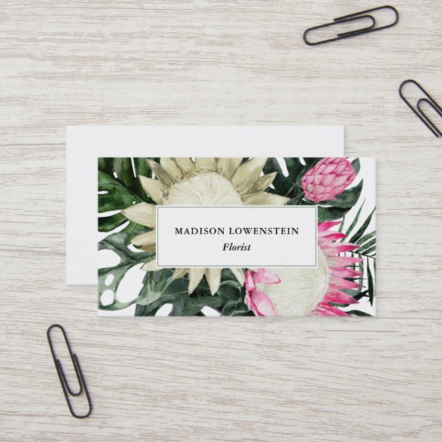 Tarjeta De Visita Acuarela Protea tropical Monstera Verdor   (Anverso/Reverso In Situ)