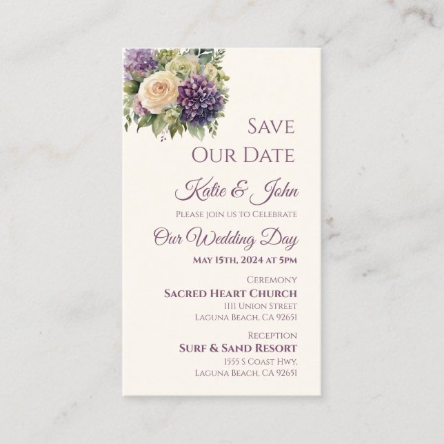 Tarjeta De Visita Acuarela Purple Bouquet-Wedding Guardar la fecha- (Anverso)