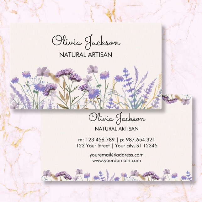 Tarjeta De Visita Acuarela Purple Wildflower Meadow (Front and Back)