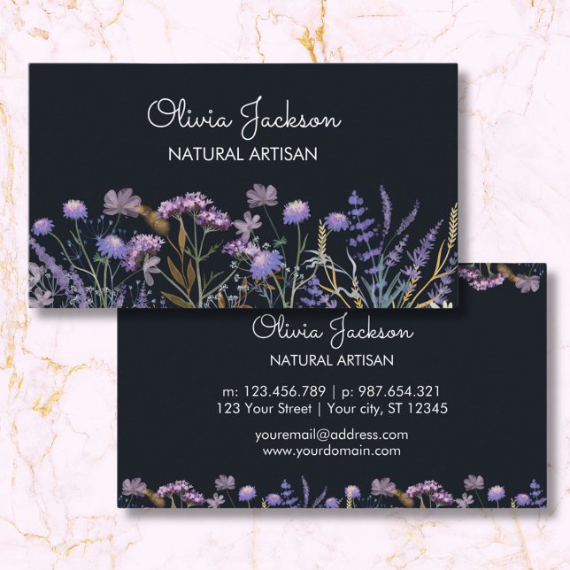Tarjeta De Visita Acuarela Purple Wildflower Meadow (Front and Back)