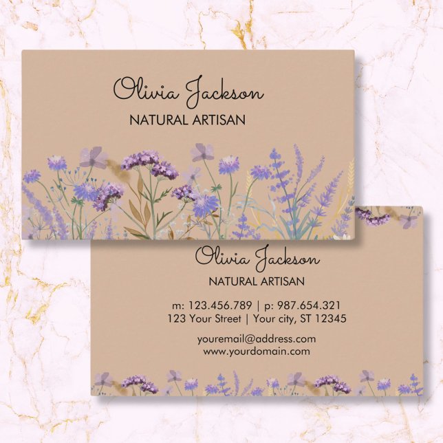 Tarjeta De Visita Acuarela Purple Wildflower Meadow (Front and Back)