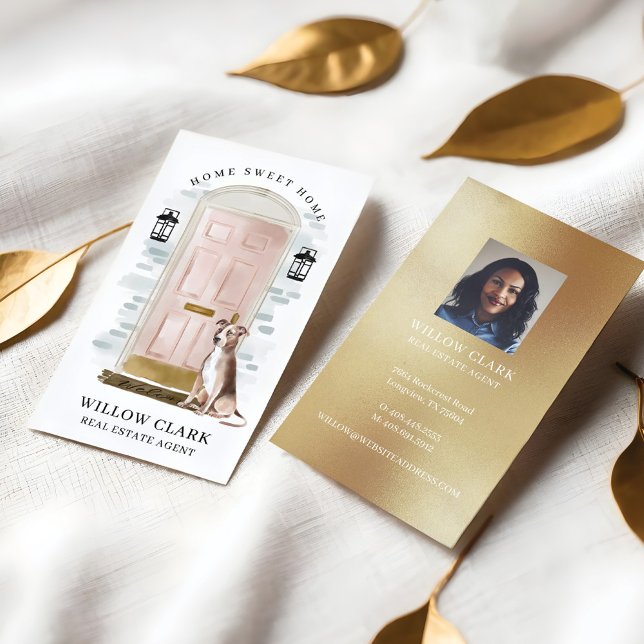 Tarjeta De Visita Acuarela rosa, agente inmobiliario de perro de pue (Pink Watercolor Front Door Dog Real Estate Agent Business Card)