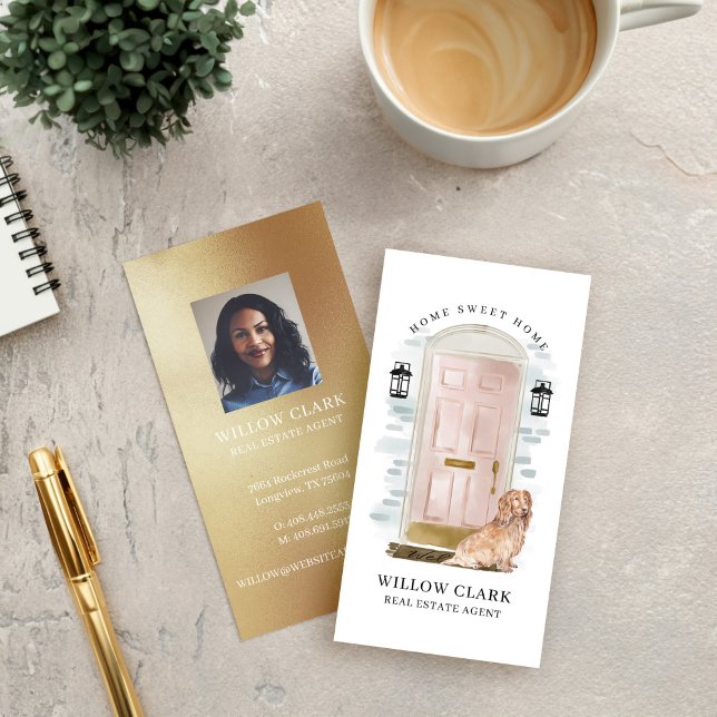 Tarjeta De Visita Acuarela rosa, agente inmobiliario de perro de pue (Pink Watercolor Front Door Dog Real Estate Agent Business Card)