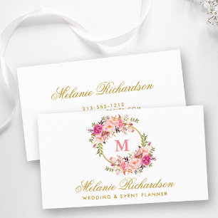 Tarjeta De Visita Acuarela Rosa Rubor Floral Monograma Dorado