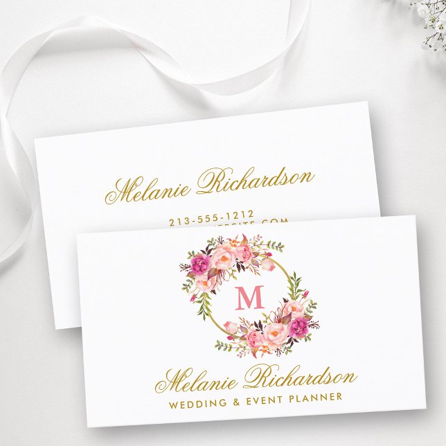 Tarjeta De Visita Acuarela Rosa Rubor Floral Monograma Dorado (Customize to change text size, color or text style.)