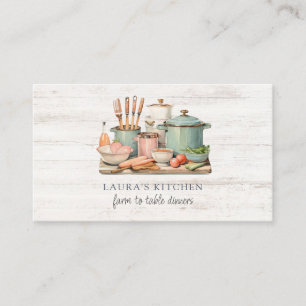 Tarjeta De Visita Acuarela Rusa Pots Pans Alimentos Cocina Madera