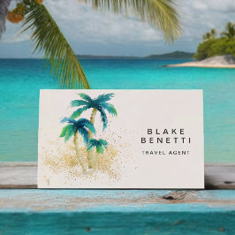 Tarjeta De Visita Acuarela Tropical Beach Palm Trees Gold
