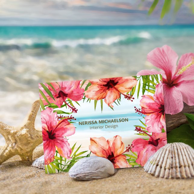 Tarjeta De Visita Acuarela Tropical Hibiscus Flower & Palm (Subido por el creador)