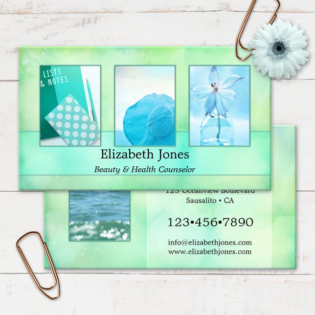 Tarjeta De Visita Acuarela Turquesa Resumen de sus fotos (Business card featuring your own photos framed by a turquoise watercolor abstract design)