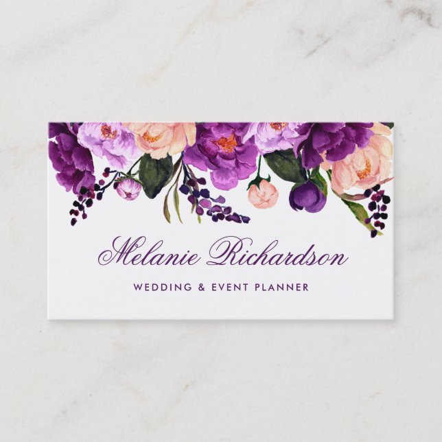Tarjeta De Visita Acuarela ultravioleta púrpura elegante floral (Anverso)