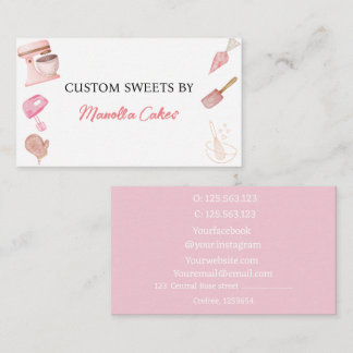 Tarjeta De Visita Acuarela utensilios de cocina rosa panadería min