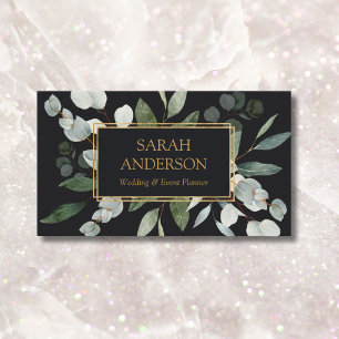 Tarjeta De Visita Acuarela Verde Eucalipto Tropical Negro