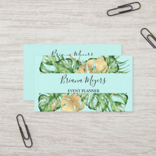 Tarjeta De Visita Acuarela Verde Palmeras Hojas Dorado Trópico Verde
