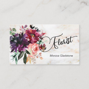 Tarjeta de visita acuática Marble Burgundy Floral