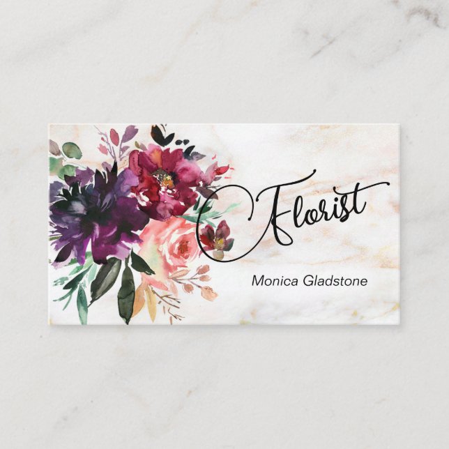 Tarjeta de visita acuática Marble Burgundy Floral (Anverso)