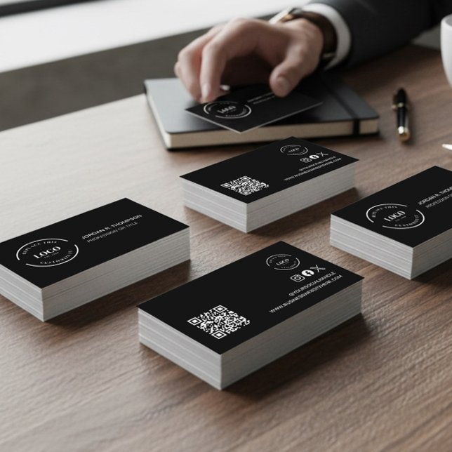 Tarjeta De Visita Add your custom logo QR code black Modern Design (Modern minimalist black sleek business cards with logo, name, QR code, website and social handle.)