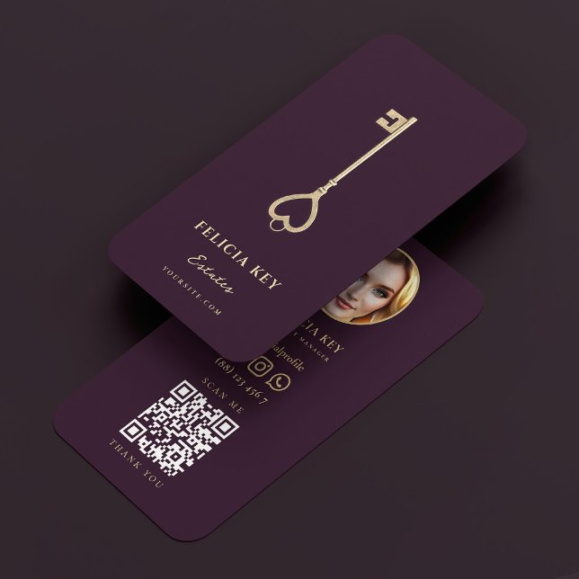 Tarjeta De Visita Administrador de propiedades Realtor de claves Pur (Property Manager Luxury Purple Gold Key Realtor Business Card
)