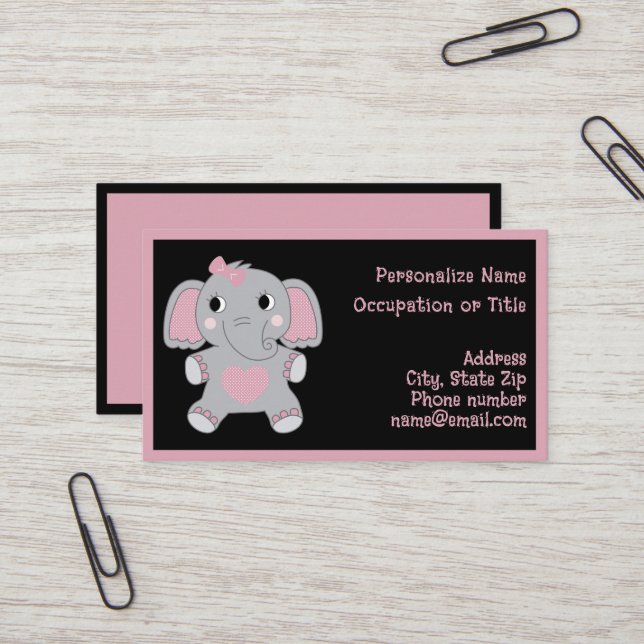 Tarjeta De Visita Adorable Baby Elephant Pink Black Child Focused  (Anverso/Reverso In Situ)