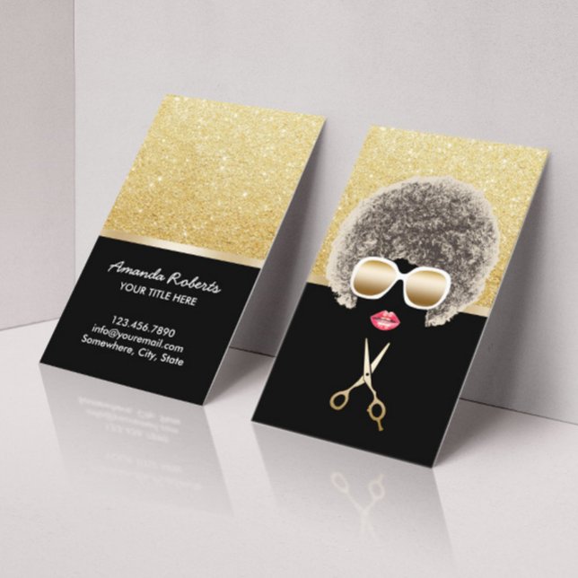 Tarjeta De Visita African American Black & Gold Hair Stylist (Subido por el creador)