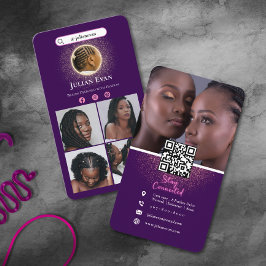 Tarjeta De Visita African Braid Hairstylist Purple & Glitter Gold
