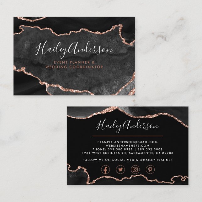 Tarjeta De Visita Agante dorado de color negro y Rosa Purpurina oro (Anverso / Reverso)