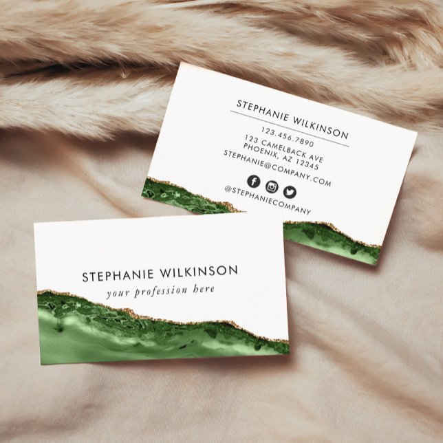 Tarjeta De Visita Agante verde y acuarela de borde dorado (Green Agate & Gold Border Watercolor Business Car Business Card)