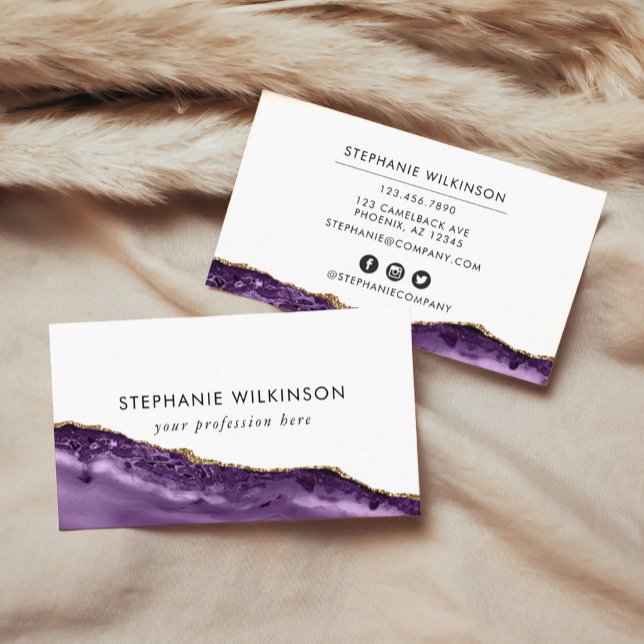 Tarjeta De Visita Agar púrpura y acuarela de borde dorado (Purple Agate & Gold Border Watercolor Business Car Business Card)