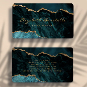 Tarjeta De Visita Ágata Azul Teal Oro Glitter Luxury Redondeada