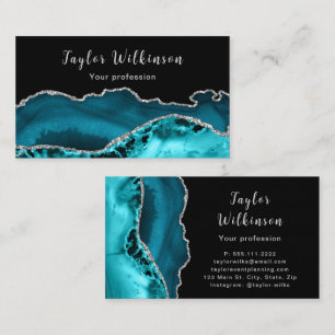 Tarjeta De Visita Ágata azul turquesa y plata elegante