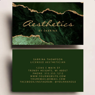 Tarjeta De Visita Ágata Verde Oro Glitter Lujo Aesthetician