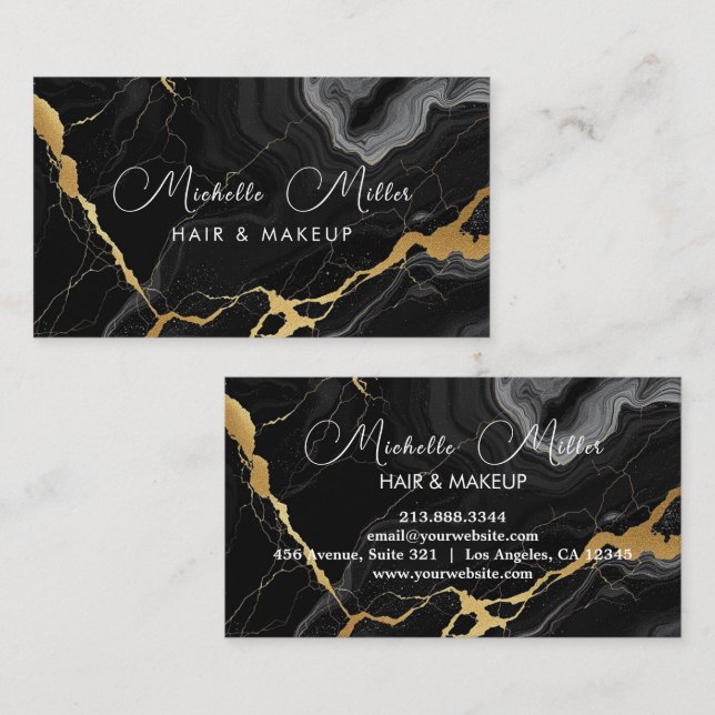 Tarjeta De Visita Agate Black Gold Marble Makeup Artista Salón de be (Anverso / Reverso)