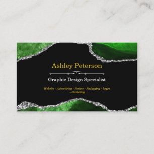 Tarjeta De Visita Agate Green y Silver Faux Purpurina