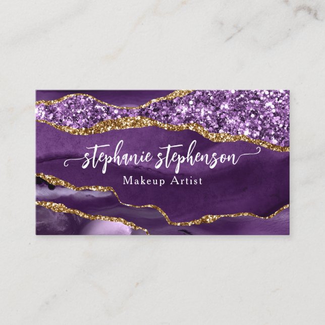 Tarjeta De Visita Agate Purpurina de Glam Morado Estilo Moda Moderno (Anverso)