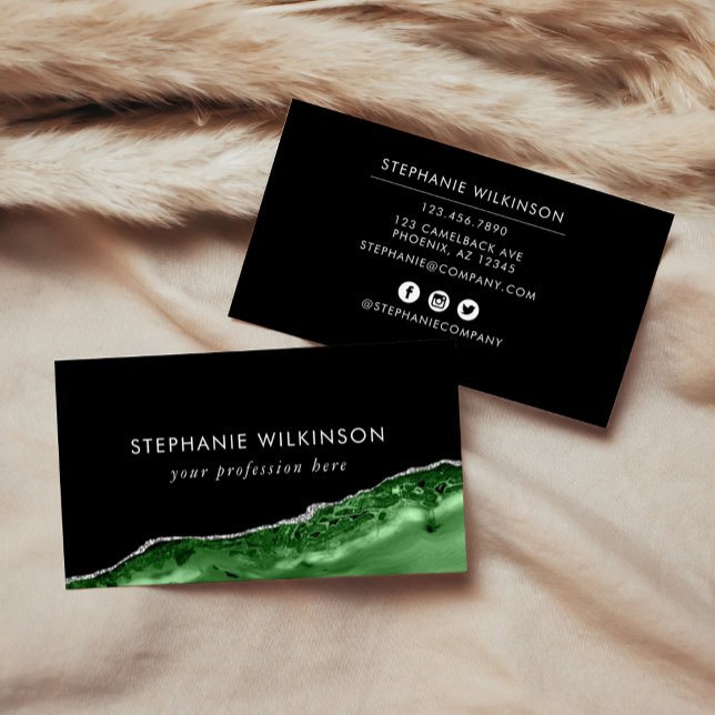 Tarjeta De Visita Agate verde esmeralda y Purpurina plateado borde n (Green Agate & Silver Glitter Border Black Business Card)