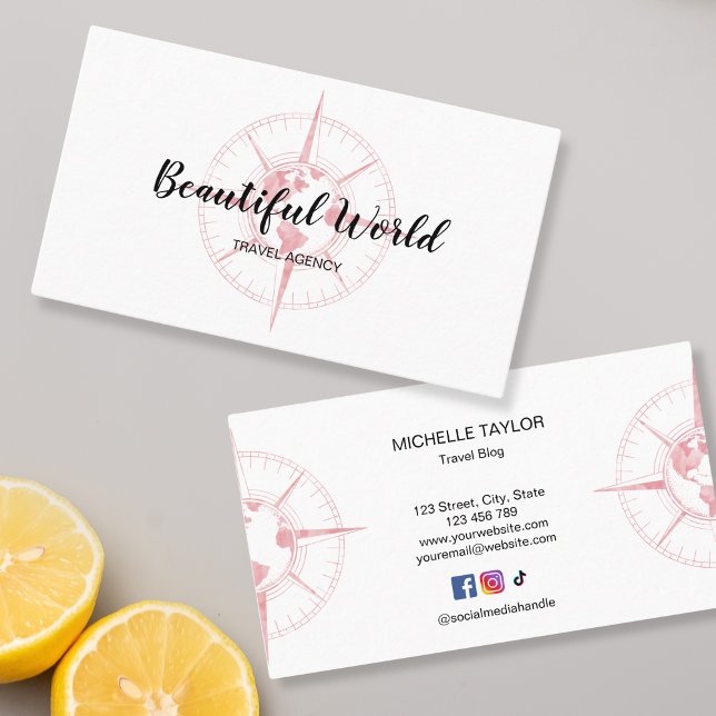 Tarjeta De Visita Agencia de Viajes Blog de Viajes Composición del M (pink watercolor compass with globe)