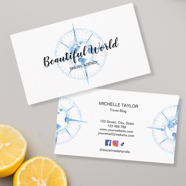 Tarjeta De Visita Agencia de Viajes Blog de Viajes Composición del M (blue watercolor compass with globe)