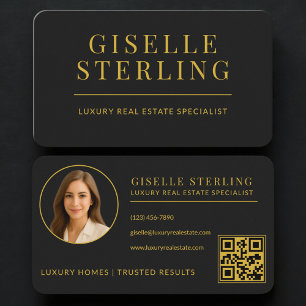 Tarjeta De Visita Agente de bienes raíces Código QR Black Gold