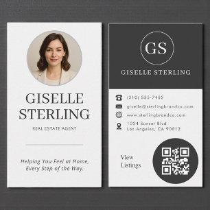 Tarjeta De Visita Agente de Bienes Raíces Código QR de Foto Gris Car