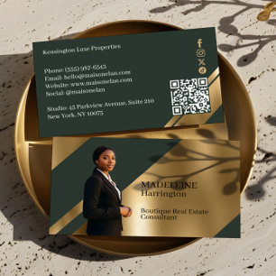 Tarjeta De Visita Agente de Bienes Raíces de Lujo Green & Gold Luxe 