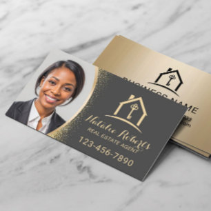 Tarjeta De Visita Agente de Bienes Raíces Moderno Realtor Dorado Fot