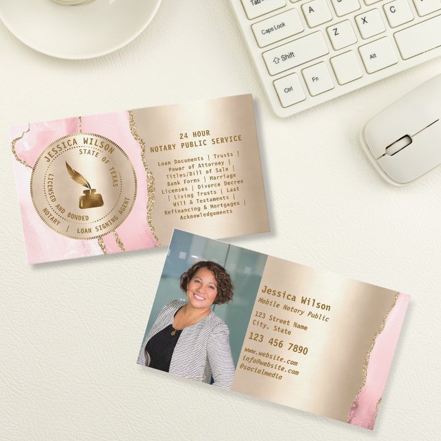 Tarjeta De Visita Agente de firma de préstamo notarial público moder (gold notary stamp logo)