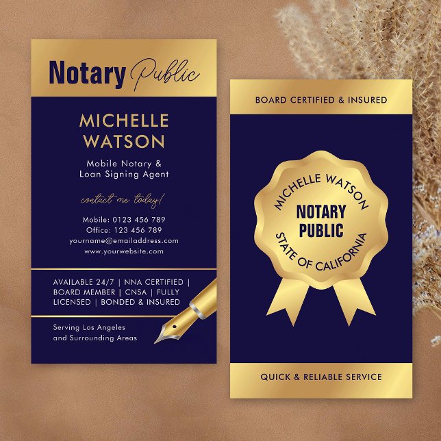 Tarjeta De Visita Agente de firma de préstamos notariales de la mari (Modern notary loan signing agent business cards in navy blue and gold)