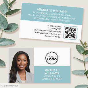 Tarjeta De Visita Agente de Firma Notarial Foto Logo Código QR Azul