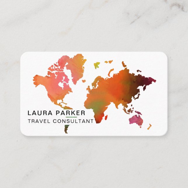 Tarjeta De Visita Agente de viajes Acuarela Mapa Mundial de Turismo  (Anverso)